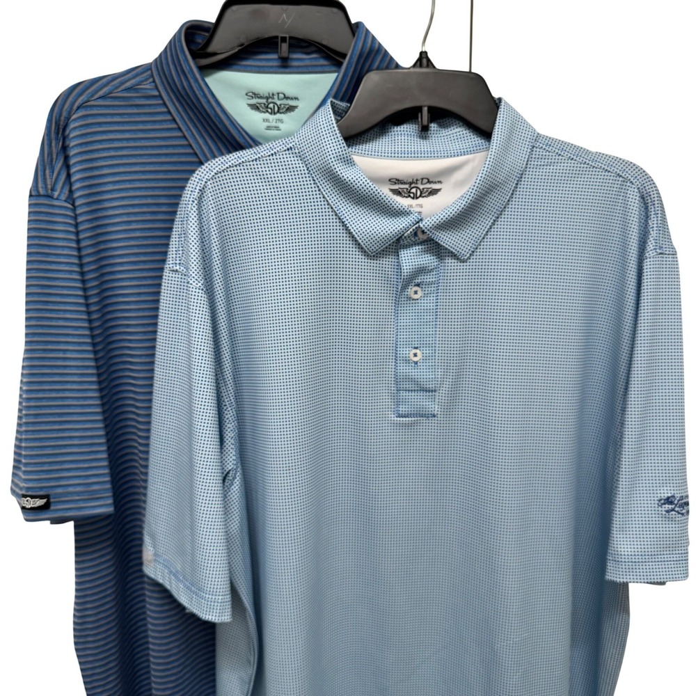 Lot of 2 Straight Down Mens XXL Golf Polos Blue Striped Checkered Performance